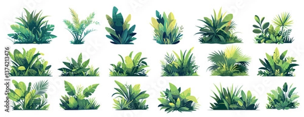 Obraz Jungle plants. Tropical leaves grass flora, green summer rainforest exotic nature elements set vector illustration