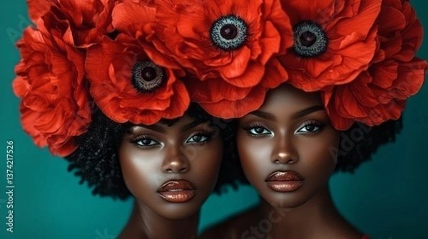 Obraz Two stunning women adorned with large red poppy flowers