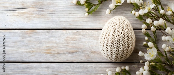 Obraz hand-made, knitted easter egg isolated over spring floral decorations & bright wooden background; copy space