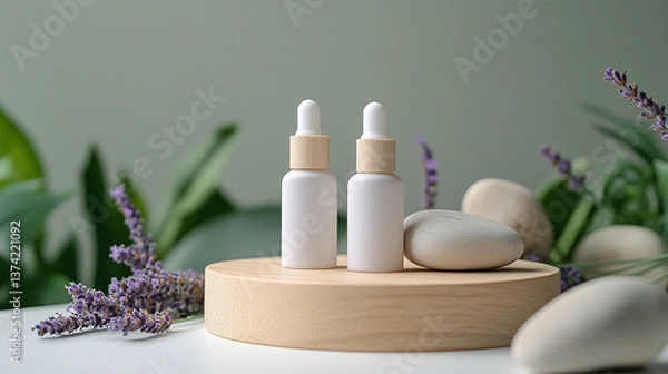 Fototapeta product photography mockups of various skincare essences white shampoo, cream, serum, oil,  containers set on a wooden podium in the gradient herbal background. mockup 