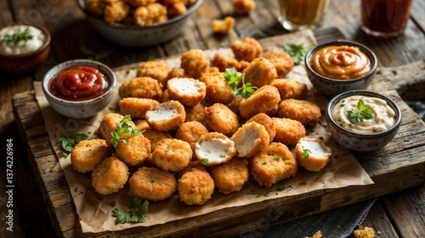 Fototapeta Crispy chicken nuggets, presented on a rustic wooden board and accompanied by three distinct dipping sauces