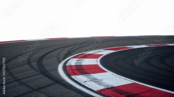 Fototapeta Close-up view of a race track corner with red and white curbs, showing detailed tire marks on the asphalt
