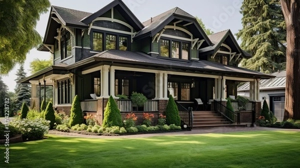 Fototapeta A photo of a double-story home with green accents.