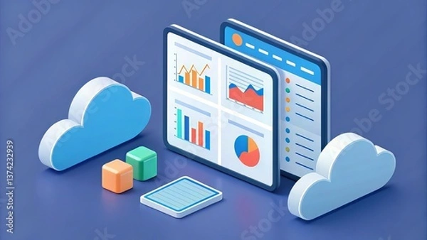 Fototapeta A digital illustration showing cloud storage, data analytics dashboards with graphs, and colorful blocks, representing modern technology and data management.