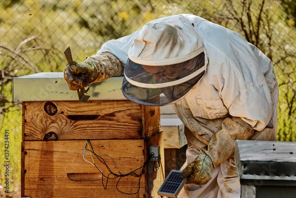 Fototapeta Beekeeper connecting a solar panel to a smart hive with sensors in a rural setting