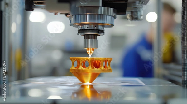 Fototapeta 3D printing technology is showcased with high tech printer creating intricate orange component, highlighting advanced engineering and innovation in manufacturing
