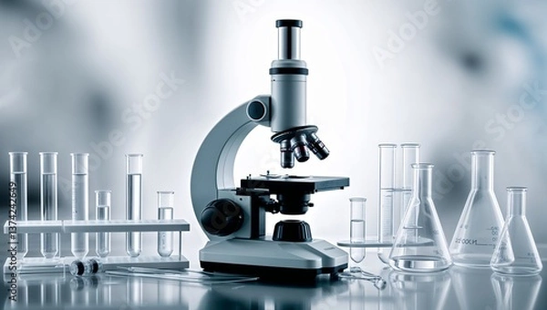Fototapeta Professional microscope positioned with lab glassware on the table.