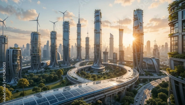 Fototapeta Futuristic eco-friendly cityscape featuring towering skyscrapers with sleek innovative designs, surrounded by lush greenery and advanced infrastructure