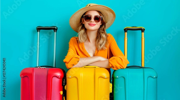 Fototapeta Woman with straw hat and orange shirt, leaning on a yellow suitcase. Two suitcases, red and blue, on the sides. Bright blue background. Ideal for travel and vacation concepts.