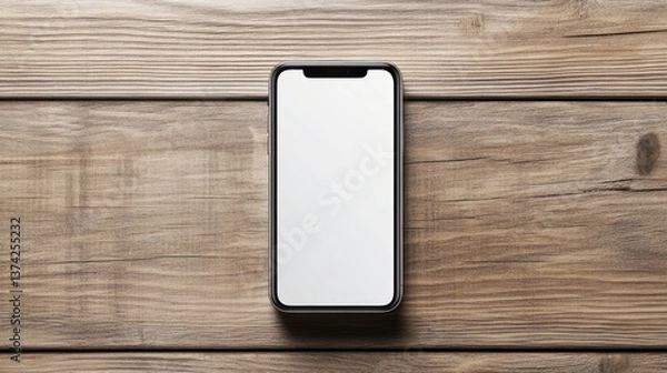 Fototapeta Smartphone with White Screen on Rustic Wood Surface Top View