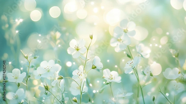 Fototapeta An artistic floral visualization, gentle sprigs of green with tiny white flowers surrounding a luminous soft-focus backdrop, infused with light particles and faint halos