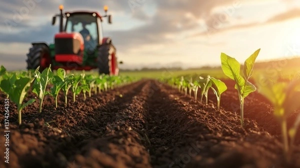 Fototapeta Innovative farmer cultivates crops with tractor open fields agricultural practices sunrise close-up view sustainability