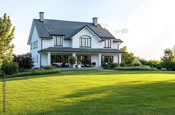 Obraz A gray and tan craftsman-style home with stone accents, a large front yard, green grass, a gray garage door, and white trim