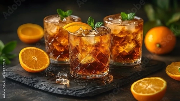 Fototapeta A refreshing cold brew coffee served in a glass with ice and citrus