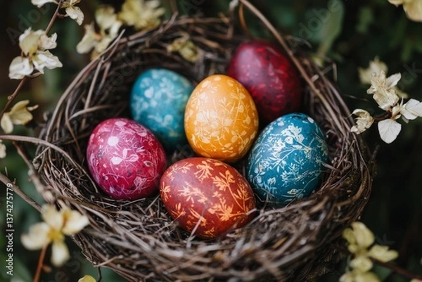 Fototapeta Multicolored Easter eggs with speckled texture arranged in bird nest on rustic wood visualizing spring tradition symbolic decoration and natural festive artistry