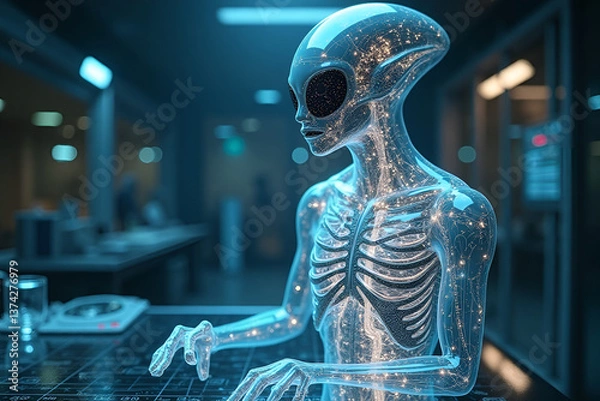 Obraz Translucent alien thoughtfully interacting with glowing control panel inside futuristic facility