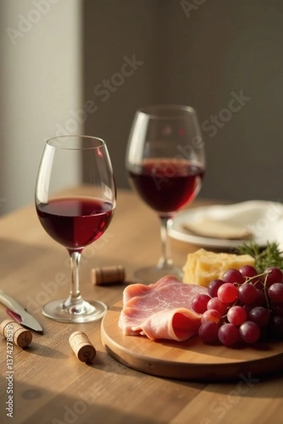 Fototapeta Relaxing afternoon with wine and cured meat