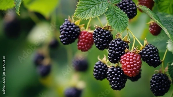 Fototapeta Ripe and unripe blackberries. Generative AI
