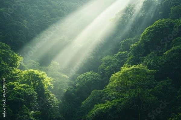 Fototapeta Sun-kissed Canopy: Sunlight streams through a verdant canopy, illuminating the dense foliage in a vibrant display of natural beauty and serene atmosphere.