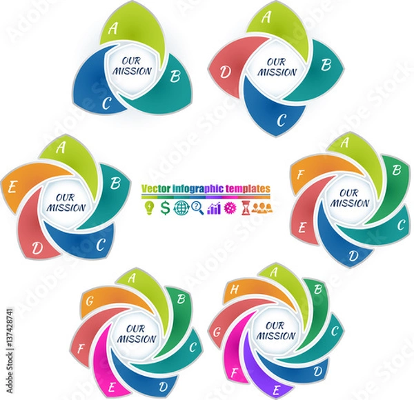 Fototapeta Set of colorful circle infographic template 3-8 steps and central element. Flower spiral form parts with letter. Title inscriptions outside graph. Vector illustration.
