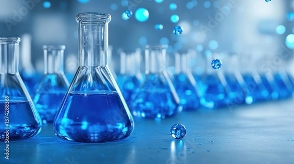 Obraz Blue Liquid in Erlenmeyer Flasks: A Scientific Experiment