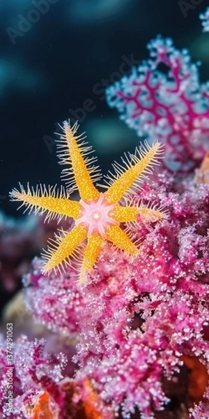 Fototapeta Stunning Star-Shaped Crinoid on Vibrant Soft Coral in the Enchanting Triton Bay, Raja Ampat â€“ A Diving Paradise in Indonesia's Marine Life