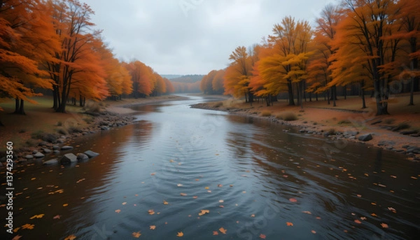 Fototapeta Beautiful autumn landscape of a park with colorful trees reflecting in the tranquil water of a river