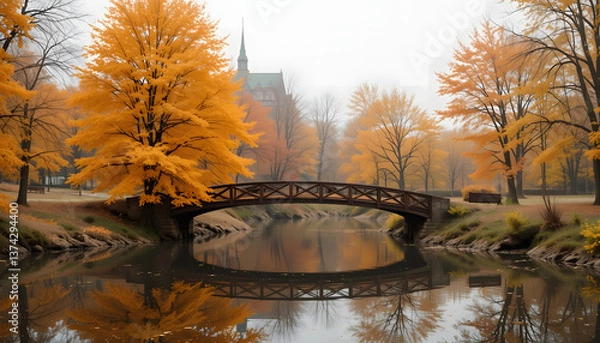 Fototapeta Peaceful autumn park landscape with a bridge reflecting in the lake under a blue sky
