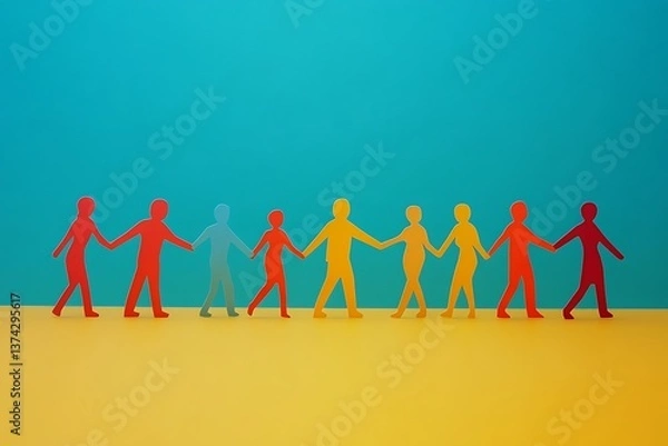 Obraz Colorful Paper People Holding Hands Teamwork Concept11