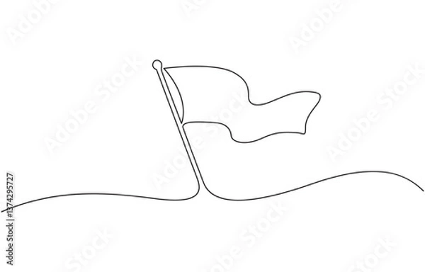 Fototapeta Single Line Drawing of a Flag with Editable Stroke and Copy Space, Outline billowing flag. Hand drawn one line graphic isolated icon. Editable stroke.
