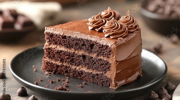 Fototapeta Moist chocolate cake slice with creamy frosting, served on a dark plate