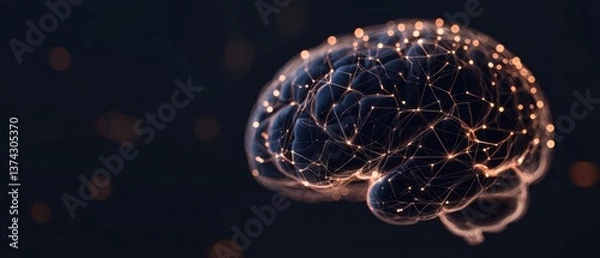 Fototapeta 3d rendering of a human brain. the brain is made up of interconnected lines and dots, creating a network-like structure. the lines are orange in color, while the dots are white.