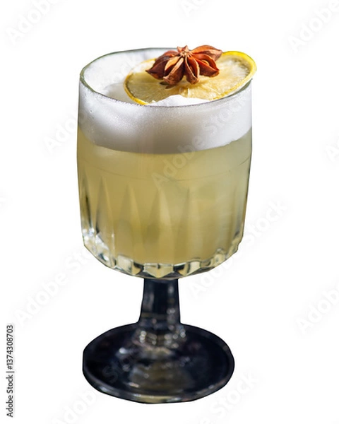 Fototapeta Yellow cocktail with foam on a dark background