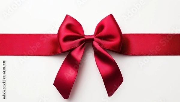 Fototapeta Aerial Shot Of Red Ribbon On White Background With Sleek Bow - Top View With Clean Lines And Vibrant Color Palette