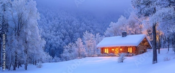 Fototapeta Cozy cabin in snowy forest at twilight