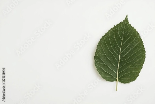 Fototapeta capture close-up photo of single leaf exhibiting rich textures and vivid green color placed on stark white background