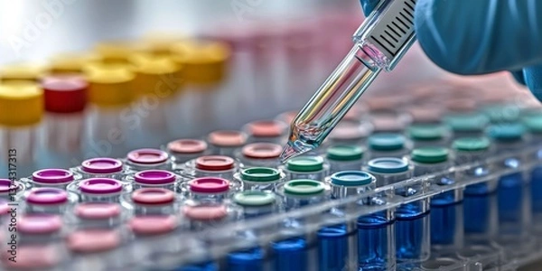 Obraz Rows of medical vials with colorful caps organized in sterile industrial lab environment representing scientific clinical sample storage system in biotechnology high quality render