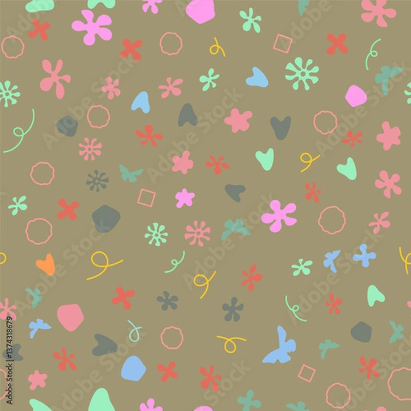 Fototapeta Hand drawn line drawing, seamless brown floral pattern for fabric printing.