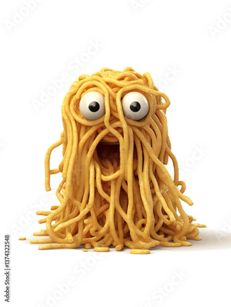 Fototapeta Surprised spaghetti monster with big cartoon eyes and messy noodles on white background. Concept of funny food character, child humor, and quirky mascot design