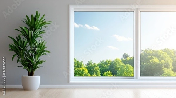 Fototapeta Serene nature view from modern window indoor plant decor bright room tranquil environment peaceful concept