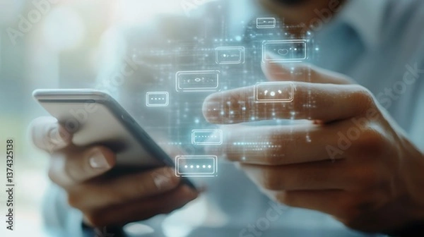 Fototapeta Asian Man Typing on Smartphone with Glowing Icons Futuristic Technology