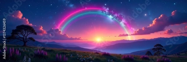 Fototapeta Vibrant rainbow stretching across vibrant landscape under starry night sky, nature, awe-inspiring, stars