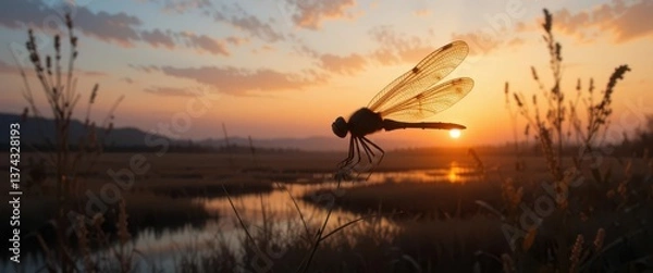 Obraz  Sunset Marsh Dragonfly (Digital Painting)