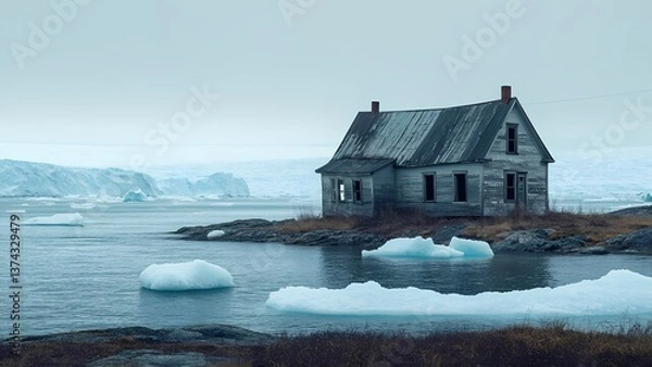 Fototapeta An old, weathered house stands alone on a rocky shore, surrounded by calm water and icebergs in the distance. Fog blankets the scene, creating an eerie atmosphere.