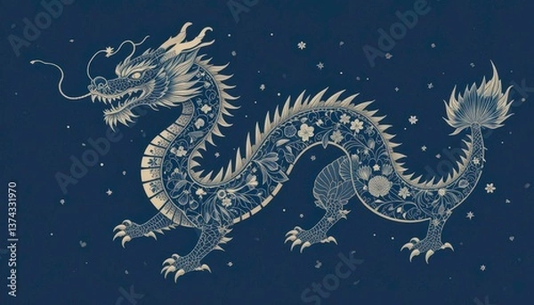 Fototapeta  Dragon Shape Filled with Flowers, Indigo Color Palette, Elegant Chinese New Year Pattern