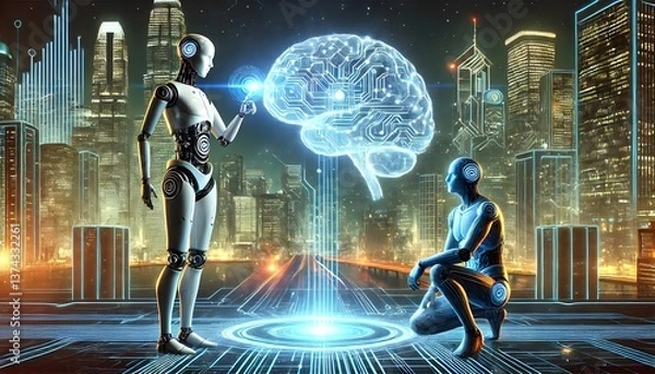 Fototapeta AI illustration with the humanoid robot, glowing digital brain, and futuristic cityscape.