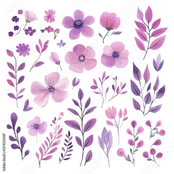 Fototapeta Modern pink and purple botanical clipart set with watercolor flowers, branches, and leaves for digital design and decoration