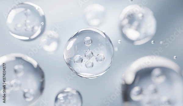Fototapeta 3D transparent bubbles with inner molecular structures floating in clean space. Perfect for skincare, collagen serum, cosmetic science, or lab innovation visuals.
