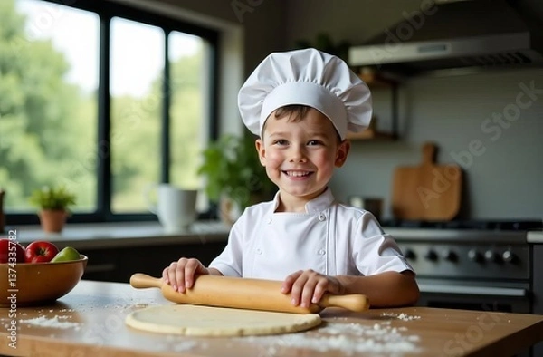 Fototapeta A boy in a chef's costume. wearing a chef's hat and a tunic, with a rolling pin in his hands, he rolls out the dough. He looks at the camera , against the background of the kitchen