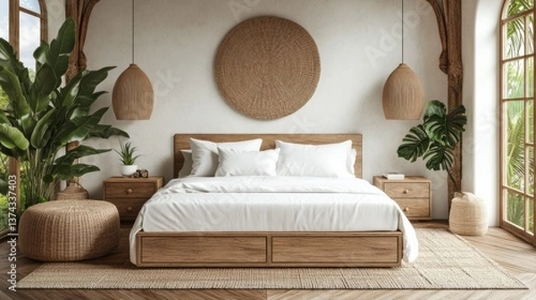 Obraz Bright and airy bedroom features natural wood and woven decor